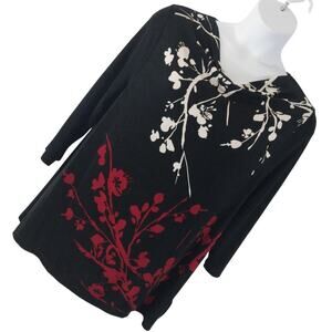 CHICO'S TRAVELERS! STRIKING BLACK W/VREAM, RED FLORAL NO IRON TUNIC TOP! SZ XL